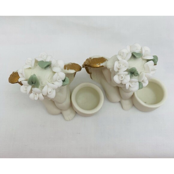 Vtg Cherub Angels 2 Candlestick Holders Ceramic Ivory Bisque 3" w/ Floral Crown - Picture 8 of 12